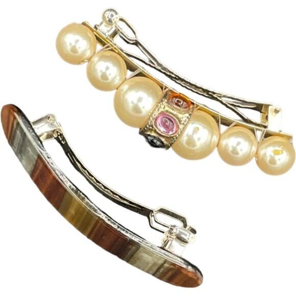 Vintage Pearl & Striped Hair Barrettes Set - Picture 4 of 7